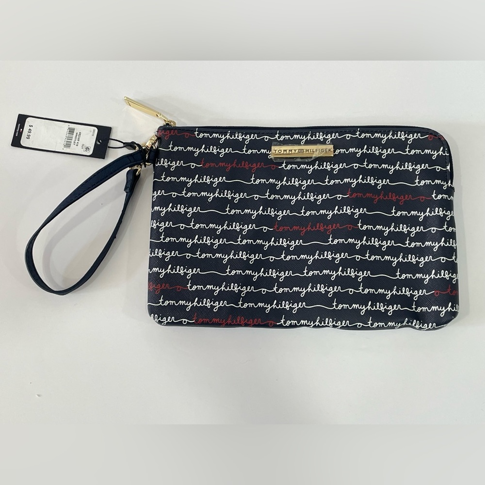 NEW with TAGS Tommy Hilfiger Wristlet Wallet Bag Clutch Navy and Gold Logo